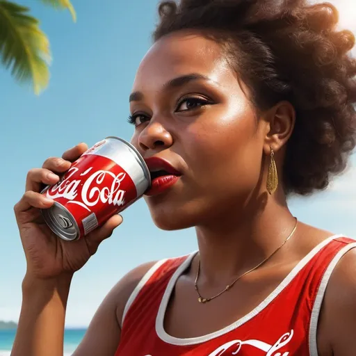 Prompt: A coca cola ad, Create a realistic image of a beautiful and thick Papua new Guinean woman drinking from a beverage can in the morning sunshine 