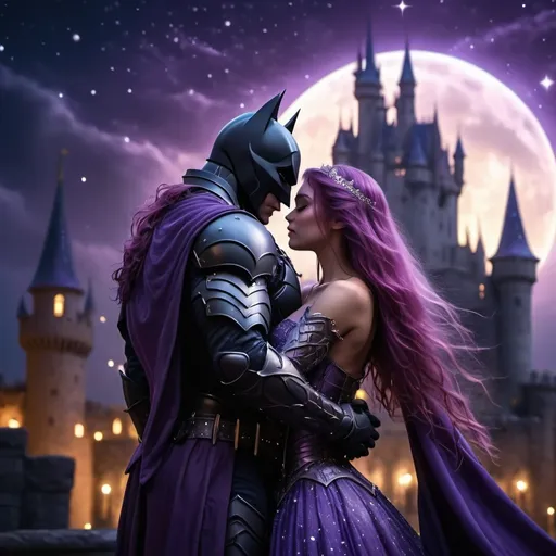 Prompt: (dark knight man, muscular, protective pose, hugging, cute princess, long violet hair), intense emotions, warm light illuminating their figures, detailed armor reflecting light, princess wearing a flowing gown, backdrop of a mystical castle at night, starry sky, enchanting atmosphere, magical and tender moment, fantasy theme, ultra-detailed, 4K quality.