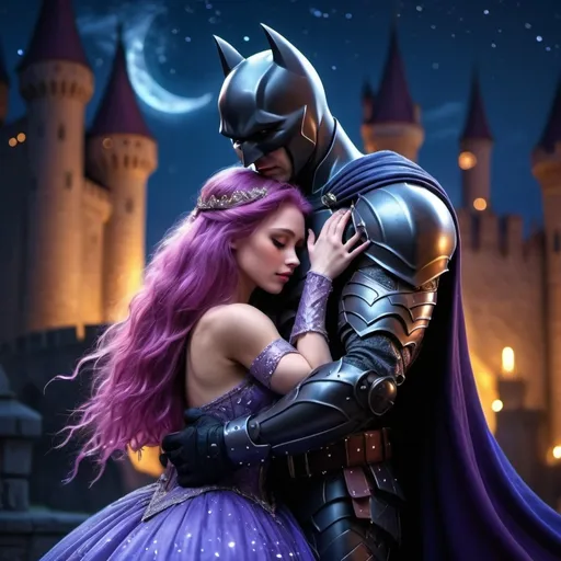 Prompt: (dark knight man, muscular, protective pose, hugging, cute princess, long violet hair), intense emotions, warm light illuminating their figures, detailed armor reflecting light, princess wearing a flowing gown, backdrop of a mystical castle at night, starry sky, enchanting atmosphere, magical and tender moment, fantasy theme, ultra-detailed, 4K quality.