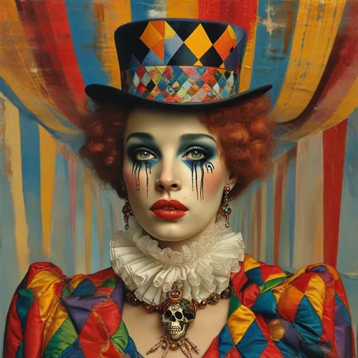 Prompt: Harlequin Surreal female, joker hat with many colors, white face, eyes made up with tears, dress with colored diamonds, in her hand a skull, standing on the circus ring, by Man Ray, Magritte, Klimt, Christian Schloe, Bosch