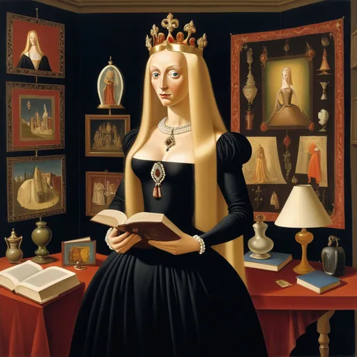 Prompt: Noble lady of the 16th century, long blond hair, pearl tiara, sumptuous low-cut black dress with jewels, room with lamps, tapestries, holding a book, by Victor Brauner, De Chirico, Pierre Roy, Remedios Varo, Leonardo daVinci, Dalì