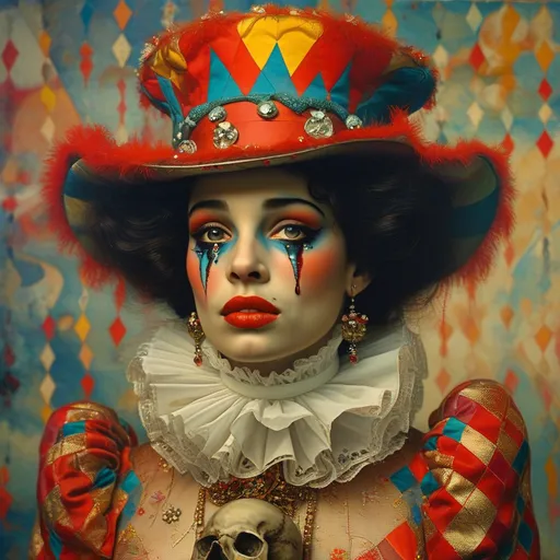 Prompt: Harlequin Surreal female, joker hat with many colors, white face, eyes made up with tears, dress with colored diamonds, in her hand a skull, standing on the circus ring, by Man Ray, Magritte, Klimt, Christian Schloe, Bosch