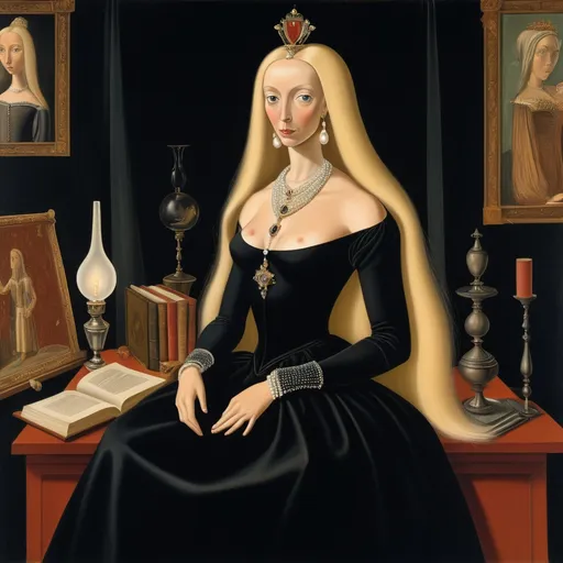 Prompt: Noble lady of the 16th century, long blond hair, pearl tiara, sumptuous low-cut black dress with jewels, room with lamps, tapestries, holding a book, by Victor Brauner, De Chirico, Pierre Roy, Remedios Varo, Leonardo daVinci, Dalì