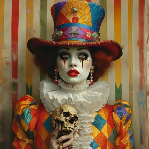 Prompt: Harlequin Surreal female, joker hat with many colors, white face, eyes made up with tears, dress with colored diamonds, in her hand a skull, standing on the circus ring, by Man Ray, Magritte, Klimt, Christian Schloe, Bosch