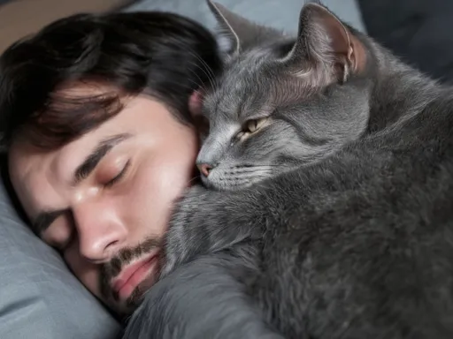 Prompt: Sleeping male with grey cat sleeping on the same pillow, pretending to be dead, 4k, 8k