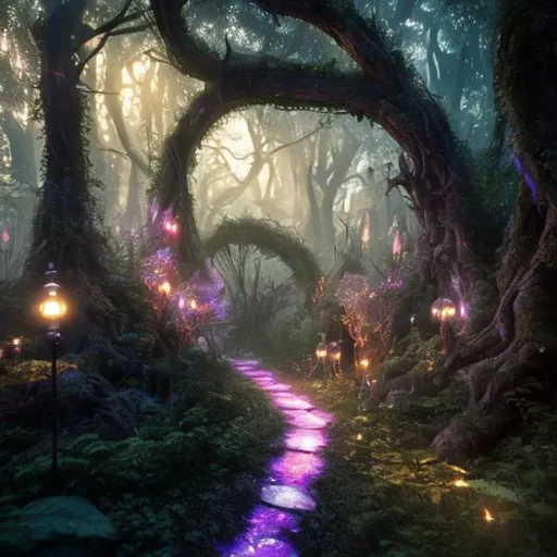 Prompt: ultra detailed, mystical, elvish forest, light poking through, pathway, trees in the shapes of animals, ultra 4k, pink, purple fairy lights, fireflies, forest by the old masters, hyper realistic, volumetric light, storytelling, ray tracing, sharp, intricate, mystery, intricate details
