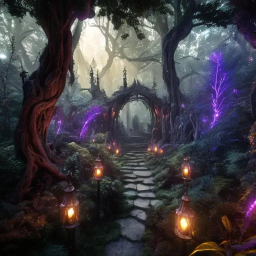 Prompt: ultra detailed, mystical, elvish forest, light poking through, pathway, trees in the shapes of animals, ultra 4k, pink, purple fairy lights, fireflies, forest by the old masters, hyper realistic, volumetric light, storytelling, ray tracing, sharp, intricate, mystery, intricate details
