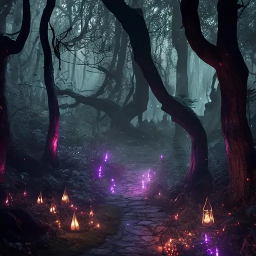 Prompt: dark, mystical, elvish forest, fairy lights throughout forest, light poking through, pathway, trees forming shapes of animals, ultra 4k, pink, purple fairy lights, fireflies, forest by the old masters, hyper realistic, volumetric light, storytelling, ray tracing, sharp, intricate, mystery 
