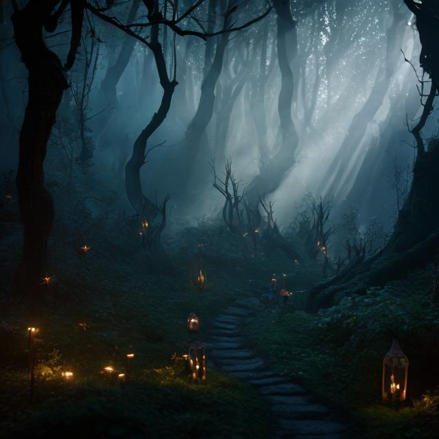 Prompt: dark, mystical, elvish forest, fairy lights throughout forest, light poking through, pathway, trees forming shapes of animals, ultra 4k, 