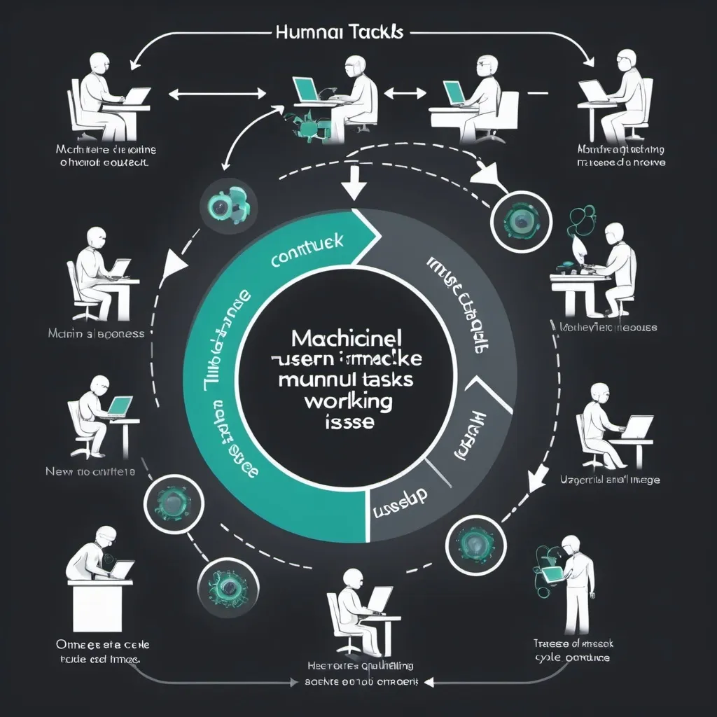 Prompt: create a lifecycle image of humans working on manual tasks - machine learning - machine quality is checked - machine usage increases - new/issues crop up amd the cycle continue to the first one

