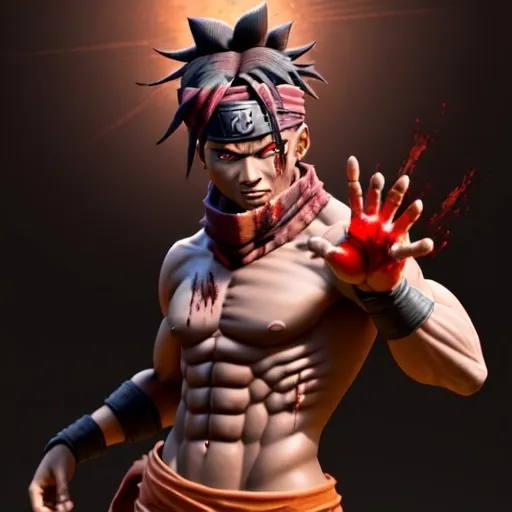 Prompt: Create an HD 3d chocolate coloured Naruto villain without any shirt in a pose throwing powers and wearing a bloody bandana as scarf with shining eyes and a red halo over his head in a hellish background 