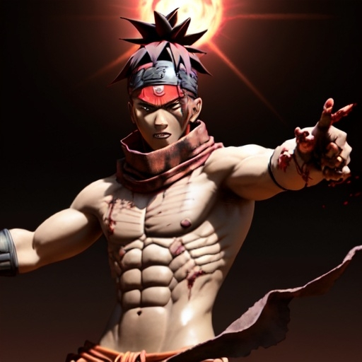 Prompt: Create an HD 3d chocolate coloured Naruto villain without any shirt in a pose throwing powers and wearing a bloody bandana as scarf with shining eyes and a red halo over his head in a hellish background 