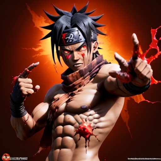 Prompt: Create an HD 3d chocolate coloured Naruto villain without any shirt in a pose throwing powers and wearing a bloody bandana as scarf with shining eyes and a red halo over his head in a hellish background 