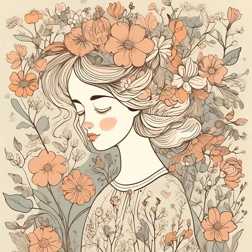 Prompt: Vintage-style illustration of a whimsical flower girl, thin line art, flat color, high quality, detailed floral pattern, delicate features, nostalgic theme, pastel color palette, whimsical design, vintage style, enchanting atmosphere, professional illustration, vintage tones, highres, delicate linework, detailed illustration, nostalgic