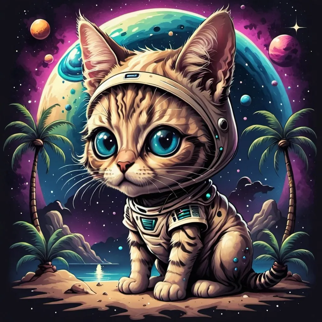 Prompt: Alien cute cat with star universe planets, palm trees