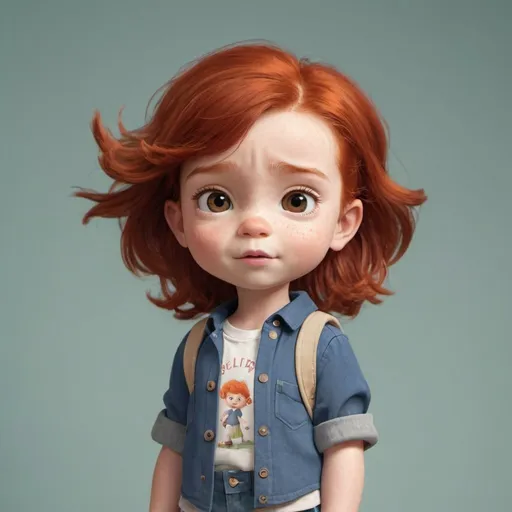 Prompt: create an animated character called Iris. A 3 year old red head in tomboy clothes