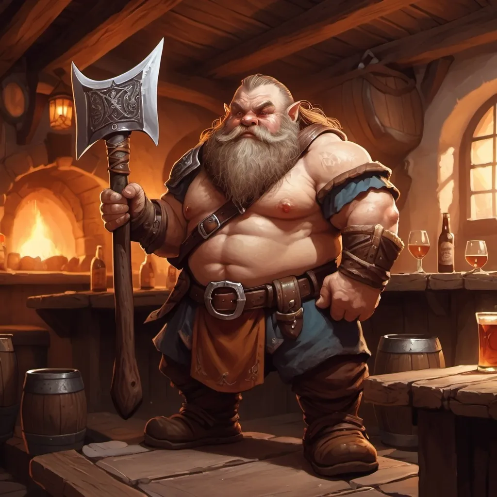 Prompt: dwarf character holding an axe in a tavern , fantasy character art, illustration, dnd, warm tone