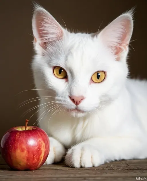 Prompt: White Cat, brown eyes with apple