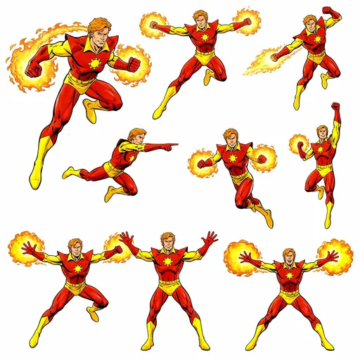 Prompt: Several all completely different full body poses and moves firing fire blast from his hand or hands, several all completely different full body moves and poses while attacking, several all completely different full body fighting poses and moves. White background only. several all completely different full body moves and poses while flying, No overlapping images. No deformed images.