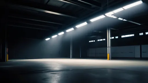 Prompt: cinematic poster of a huge garage with Dark Noire Genre illumination from above, with light rays coming from the ceiling, at night, with huge depth of field, with cinematic optical flares