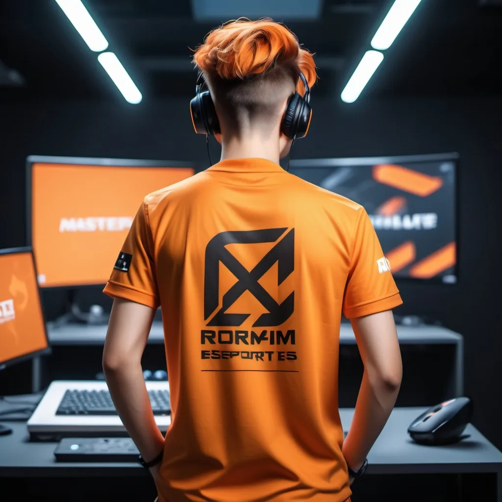 Prompt: masterpiece, 4k, young dude esports player with back angle, pfp, stylish trendy hairstyles, orange apparels, print ROAM behind the shirt
