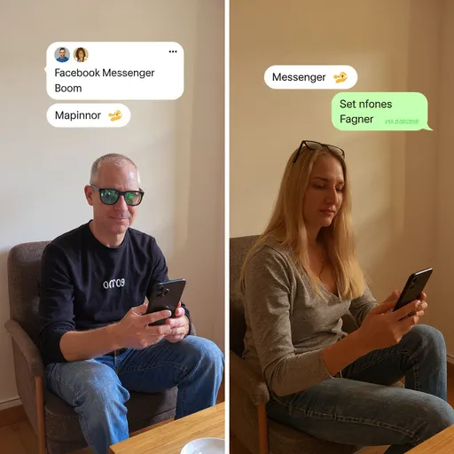 Prompt: The characters from the 2 Omni reference pictures in separate rooms chatting on Facebook messenger or Instagram messenger using mobile phones. In the background of the image, dialog chat bubbles