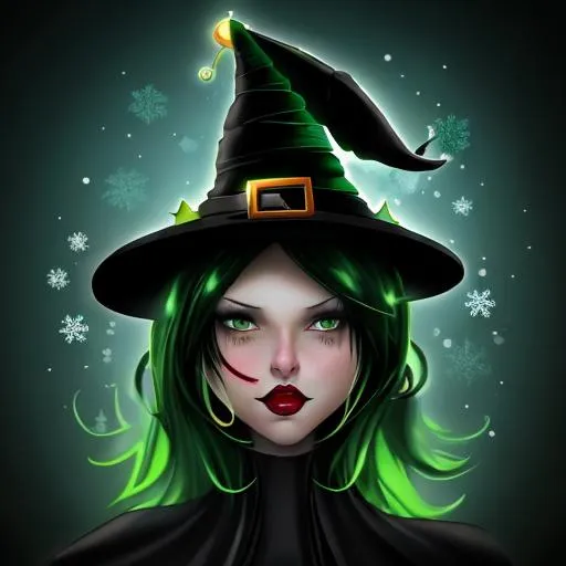 Prompt: Female witch with black & green hair wearing a Christmas hat