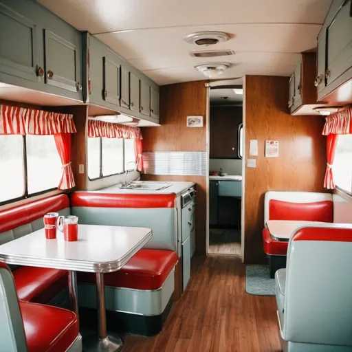 Prompt: Analog photography,dreamy aesthetic, interior of a large spacious fifth wheeler camper, retro grey 50s diner formica table with diner chairs, red window curtains , wood paneling wall interior, living room with couch, tall open space for standing and walking around