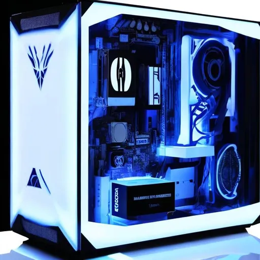 Prompt: blue and white gaming pc set in a dark room
