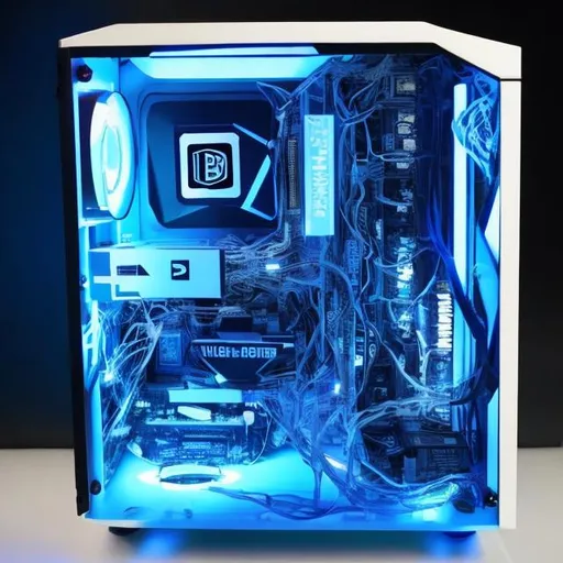 Prompt: blue and white gaming pc set in a dark room
