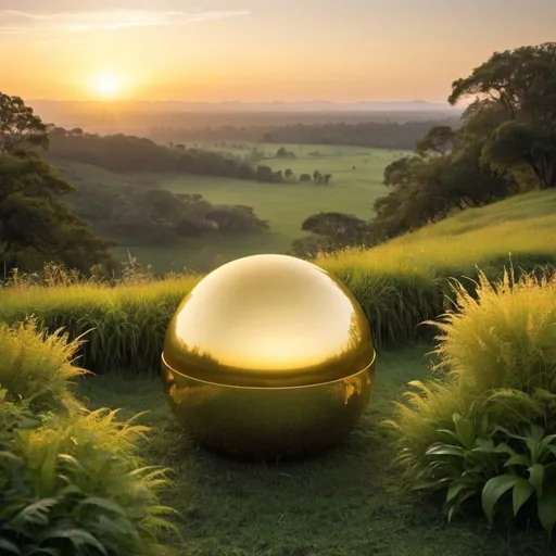 Prompt: "2.0", glowing golden, sitting just above the horizon of a lush landscape, seen against the first rays of sunrise