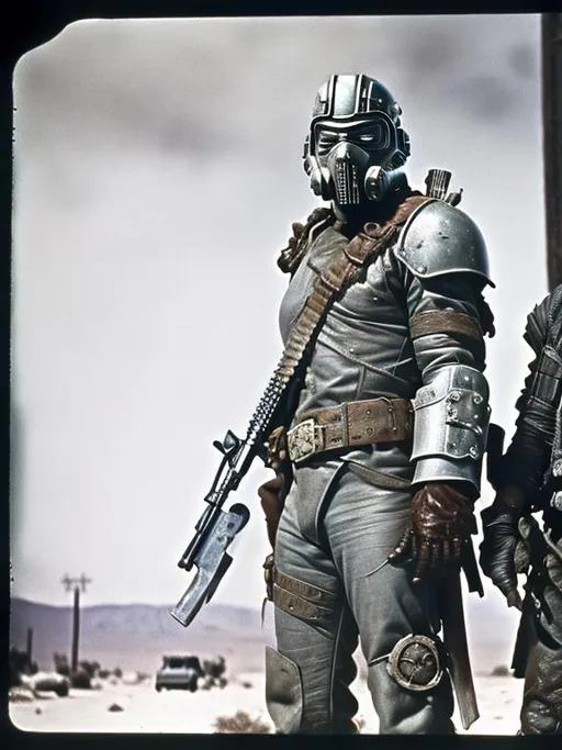 Prompt: dvd still from Fallout New Vegas movie directed by John Carpenter from 1987, Scene with NCR mercenary soldier with badly scarred face, wearing lightweight Combat Armor Reinforced painted grey, surveying an execution of civilians, night time, snowy, action post-apocalyptic lost movie screenshot, Escape from New York, Mad Max 2, Deathrace
