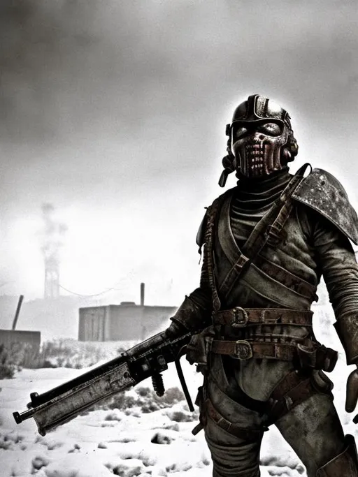 Prompt: Photorealistic Fallout New Vegas NCR soldier with badly scarred face, wearing lightweight Combat Armor Reinforced painted grey, surveying an execution with a maniacal, sadistic smile, night time, snowy, 1979 action post-apocalyptic lost movie screenshot, Escape from New York, Mad Max 2, Deathrace