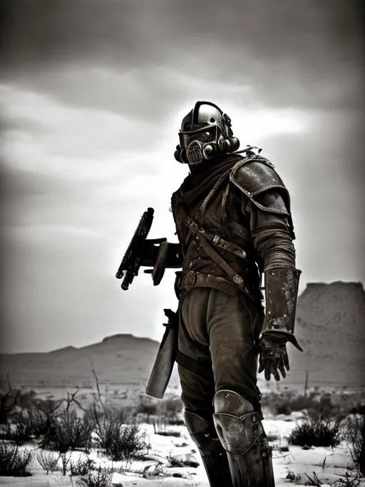 Prompt: Photorealistic Fallout New Vegas NCR soldier with badly scarred face, wearing lightweight Combat Armor Reinforced painted grey, surveying an execution with a maniacal, sadistic smile, night time, snowy, 1979 action post-apocalyptic lost movie screenshot, Escape from New York, Mad Max 2, Deathrace