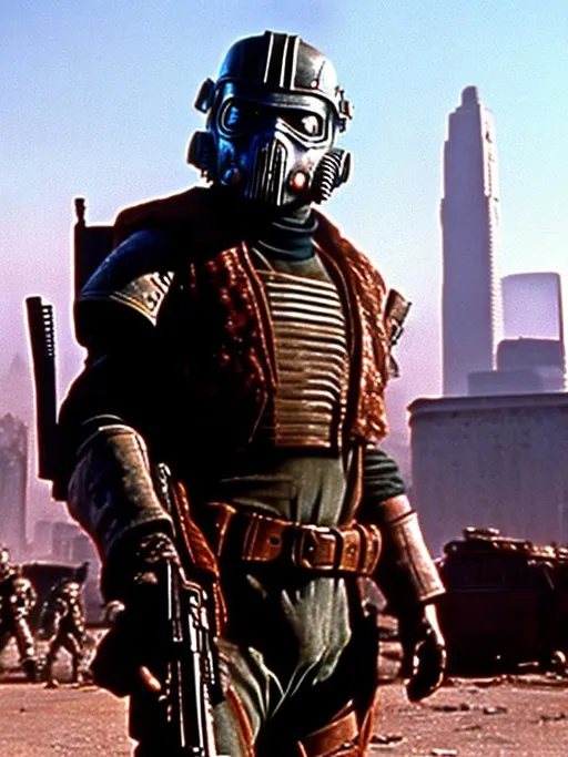 Prompt: dvd still from Fallout New Vegas movie directed by John Carpenter from 1987, Scene with NCR mercenary soldier with badly scarred face, wearing lightweight helmetless Combat Armor Reinforced painted grey, scouting the skyline of a post-apocalyptic Portland, Oregon, night time, snowy, action post-apocalyptic lost movie screenshot, Escape from New York, Mad Max 2, Deathrace