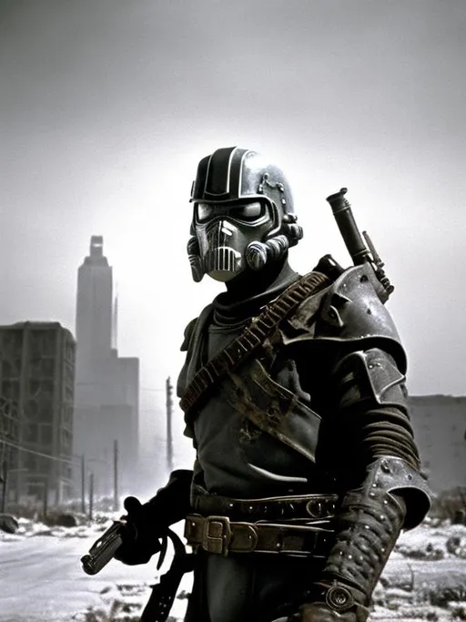 Prompt: dvd still from Fallout New Vegas movie directed by John Carpenter from 1987, Scene with NCR soldier with badly scarred face, wearing lightweight Combat Armor Reinforced painted grey, surveying an execution of civilians, night time, snowy, action post-apocalyptic lost movie screenshot, Escape from New York, Mad Max 2, Deathrace