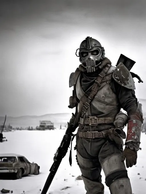 Prompt: Photorealistic Fallout New Vegas NCR soldier with badly scarred face, wearing lightweight Combat Armor Reinforced painted grey, surveying an execution with a maniacal, sadistic smile, night time, snowy, 1979 action post-apocalyptic movie screenshot, Escape from New York, Mad Max 2, Deathrace