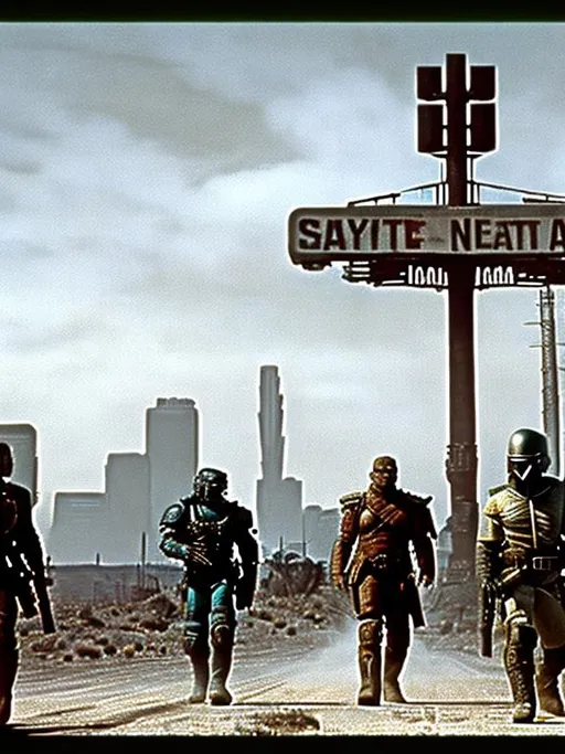Prompt: dvd screengrab from Fallout New Vegas movie directed by John Carpenter from 1987, Scene with NCR mercenary soldier with badly scarred face, wearing lightweight Combat Armor Reinforced painted grey, scouting the skyline of a post-apocalyptic Portland, Oregon, night time, snowy, action post-apocalyptic lost movie screenshot, Escape from New York, Mad Max 2