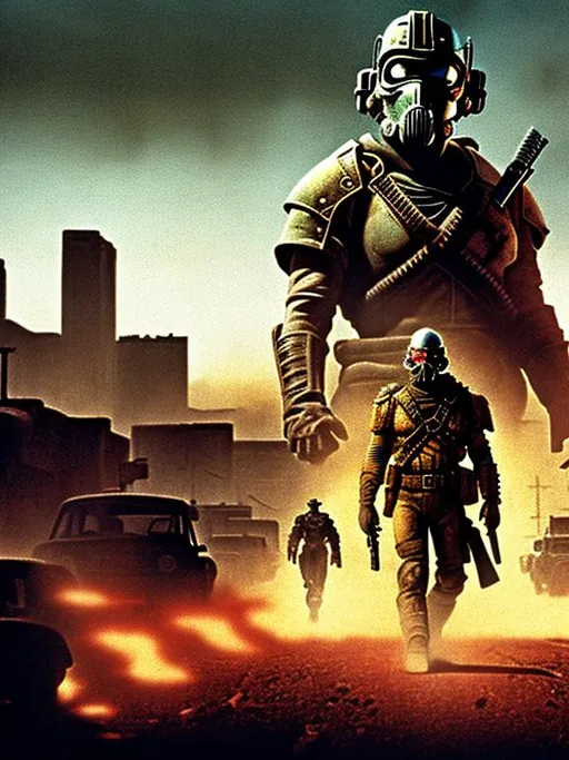Prompt: dvd still from Fallout New Vegas movie directed by John Carpenter from 1987, Scene with NCR mercenary soldier with badly scarred face, wearing lightweight helmetless Combat Armor Reinforced painted grey, scouting the skyline of a post-apocalyptic Portland, Oregon, night time, snowy, action post-apocalyptic lost movie screenshot, Escape from New York, Mad Max 2