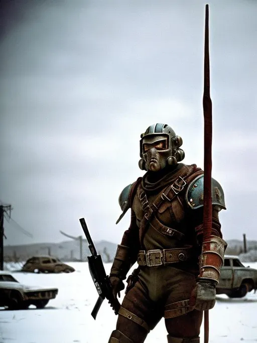 Prompt: Fallout The Frontier NCR soldier with badly scarred face, wearing lightweight Combat Armor Reinforced painted grey, surveying an execution with a maniacal, sadistic smile, night time, dimly illuminated, snowy, 1979 action movie screenshot, Escaoe from New York, Mad Max 2