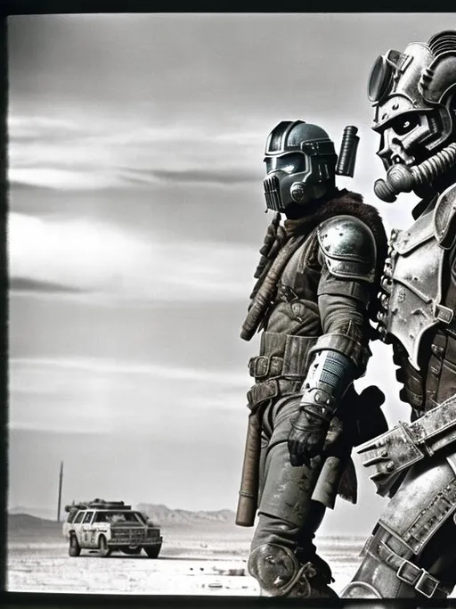 Prompt: dvd still from Fallout New Vegas movie directed by John Carpenter from 1987, Scene with NCR mercenary soldier with badly scarred face, wearing lightweight Combat Armor Reinforced painted grey, surveying an execution of civilians, night time, snowy, action post-apocalyptic lost movie screenshot, Escape from New York, Mad Max 2, Deathrace