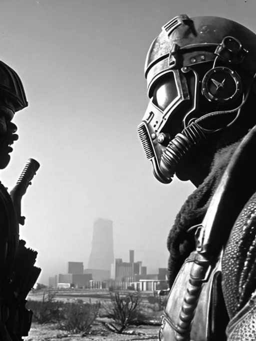 Prompt: dvd still from Fallout New Vegas movie directed by John Carpenter from 1987, Scene with NCR mercenary soldier with badly scarred face, wearing lightweight Combat Armor Reinforced painted grey, observing the skyline of a post-apocalyptic Portland, Oregon, night time, snowy, action post-apocalyptic lost movie screenshot, Escape from New York, Mad Max 2, Deathrace