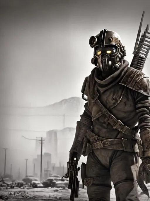 Prompt: Photorealistic Fallout New Vegas NCR soldier with badly scarred face, wearing lightweight Combat Armor Reinforced painted grey, surveying an execution with a maniacal, sadistic smile, night time, snowy, 1979 action post-apocalyptic movie screenshot, Escape from New York, Mad Max 2, Deathrace