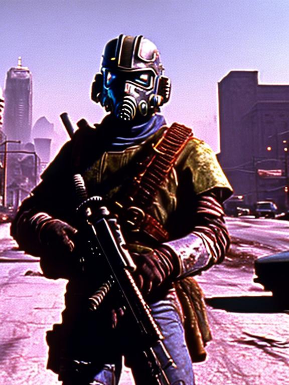 Prompt: dvd still from Fallout New Vegas movie directed by John Carpenter from 1987, Scene with NCR mercenary soldier with badly scarred face, wearing lightweight helmetless Combat Armor Reinforced painted grey, scouting the skyline of a post-apocalyptic Portland, Oregon, night time, snowy, action post-apocalyptic lost movie screenshot, Escape from New York, Mad Max 2, Deathrace