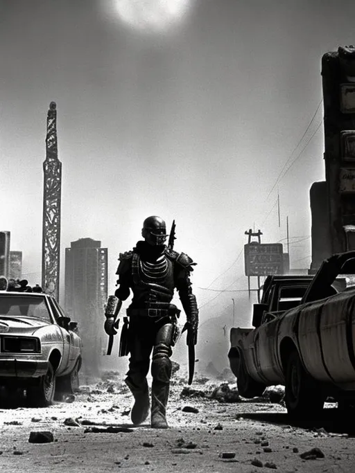 Prompt: dvd still from Fallout New Vegas movie directed by John Carpenter from 1987, Scene with NCR soldier with badly scarred face, wearing lightweight Combat Armor Reinforced painted grey, surveying an execution of civilians, night time, snowy, action post-apocalyptic lost movie screenshot, Escape from New York, Mad Max 2, Deathrace