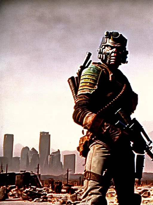 Prompt: dvd still from Fallout New Vegas movie directed by John Carpenter from 1979, Scene with NCR mercenary soldier with badly scarred face, wearing lightweight Combat Armor Reinforced painted grey, scouting the skyline of a post-apocalyptic Portland, Oregon, night time, snowy, action post-apocalyptic lost movie screenshot, Escape from New York, Mad Max 2, Deathrace