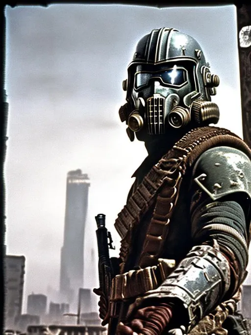 Prompt: dvd still from Fallout New Vegas movie directed by John Carpenter from 1987, Scene with NCR mercenary soldier with badly scarred face, wearing lightweight Combat Armor Reinforced painted grey, scouting the skyline of a post-apocalyptic Portland, Oregon, night time, snowy, action post-apocalyptic lost movie screenshot, Escape from New York, Mad Max 2