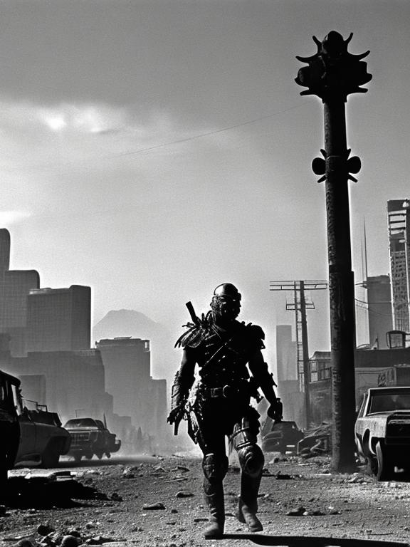 Prompt: dvd still from Fallout New Vegas movie directed by John Carpenter from 1987, Scene with NCR mercenary soldier with badly scarred face, wearing lightweight Combat Armor Reinforced painted grey, observing the skyline of a post-apocalyptic Portland, Oregon, night time, snowy, action post-apocalyptic lost movie screenshot, Escape from New York, Mad Max 2, Deathrace