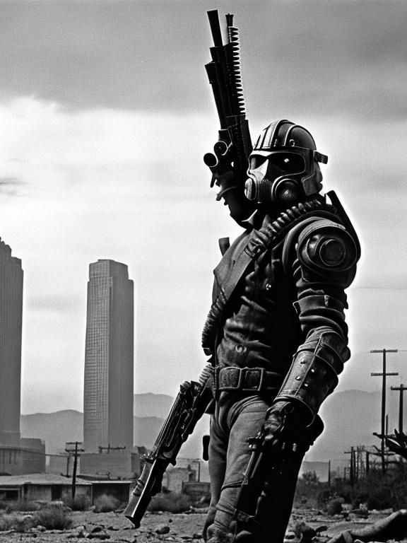 Prompt: dvd still from Fallout New Vegas movie directed by John Carpenter from 1987, Scene with NCR mercenary soldier with badly scarred face, wearing lightweight Combat Armor Reinforced painted grey, observing the skyline of a post-apocalyptic Portland, Oregon, night time, snowy, action post-apocalyptic lost movie screenshot, Escape from New York, Mad Max 2, Deathrace