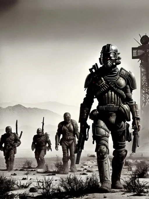 Prompt: Photorealistic dvd still from Fallout New Vegas movie directed by John Carpenter and Ridley Scott from 1987, Scene with NCR soldier with badly scarred face, wearing lightweight Combat Armor Reinforced painted grey, surveying an execution of civilians, night time, snowy, action post-apocalyptic lost movie screenshot, Escape from New York, Mad Max 2, Deathrace